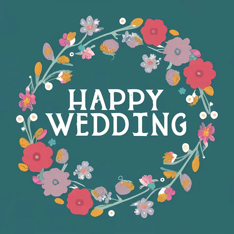 Happy Wedding Text with Floral Wreath Design