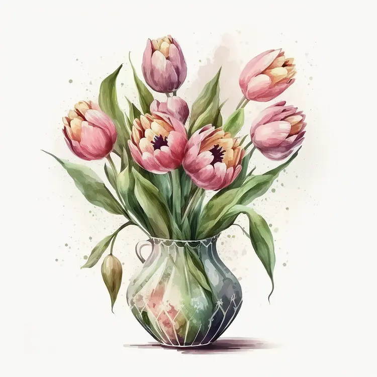 Beautiful Tulips in Vase Watercolor Illustration