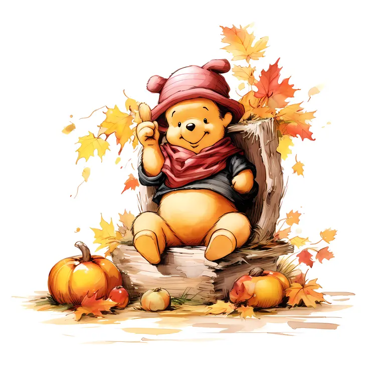 Yellow Bear with Pumpkins and Autumn Leaves