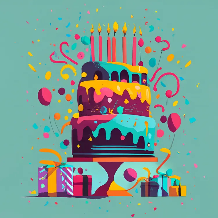 Colorful Birthday Cake with Candles and Balloons