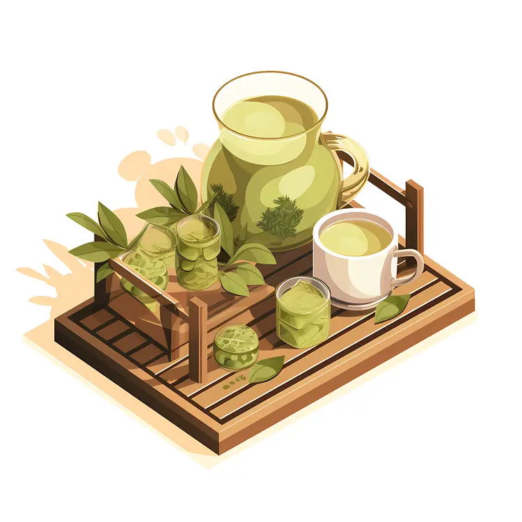 Tea Pitcher and Cup on Wooden Tray Illustration