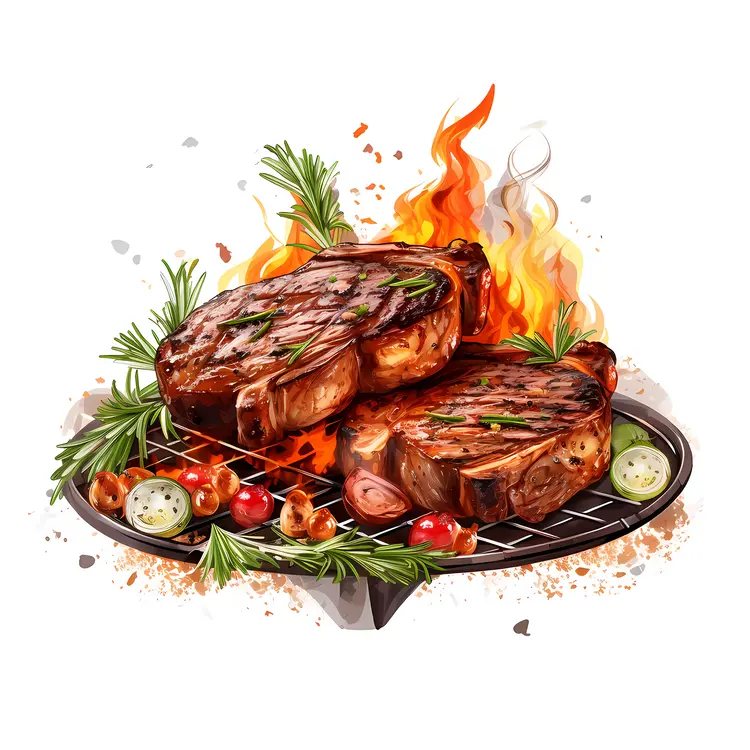 Grilled Meat and Vegetables with Flames