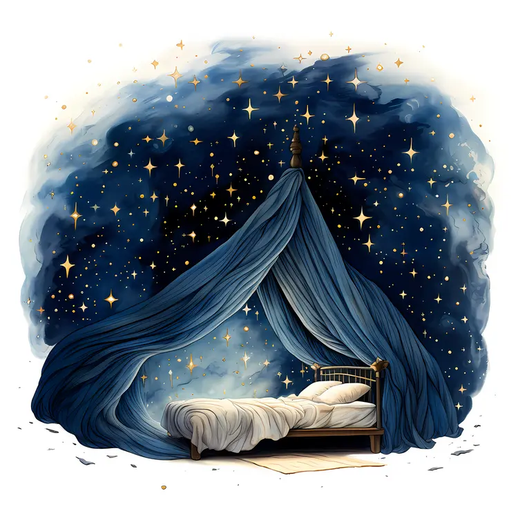 Dreamy Bed with Blue Canopy and Starry Night Sky