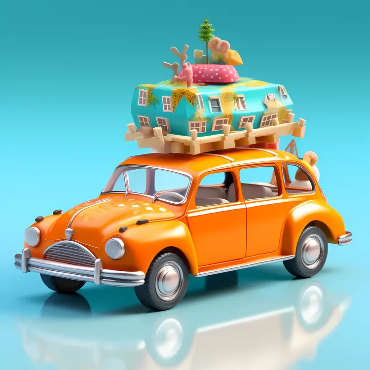 Cute Orange Toy Car with Miniature House for Vacation Concept