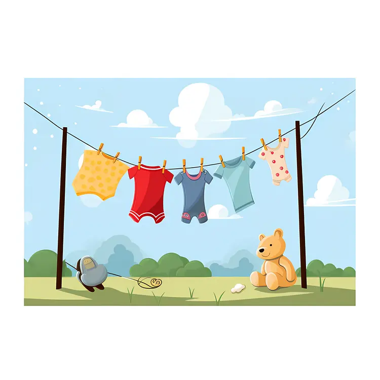 Children's Clothes Drying on a Clothesline in a Sunny Backyard