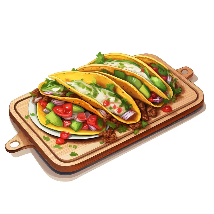 Delicious Tacos on Wooden Board