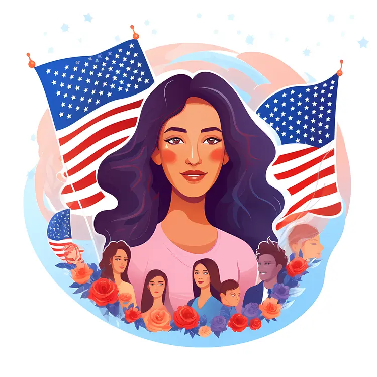 Patriotic Woman with American Flags and Diverse Group