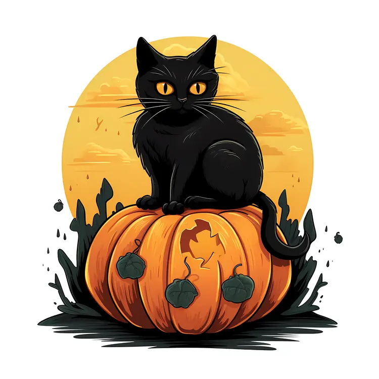 Black Cat on Pumpkin with Full Moon