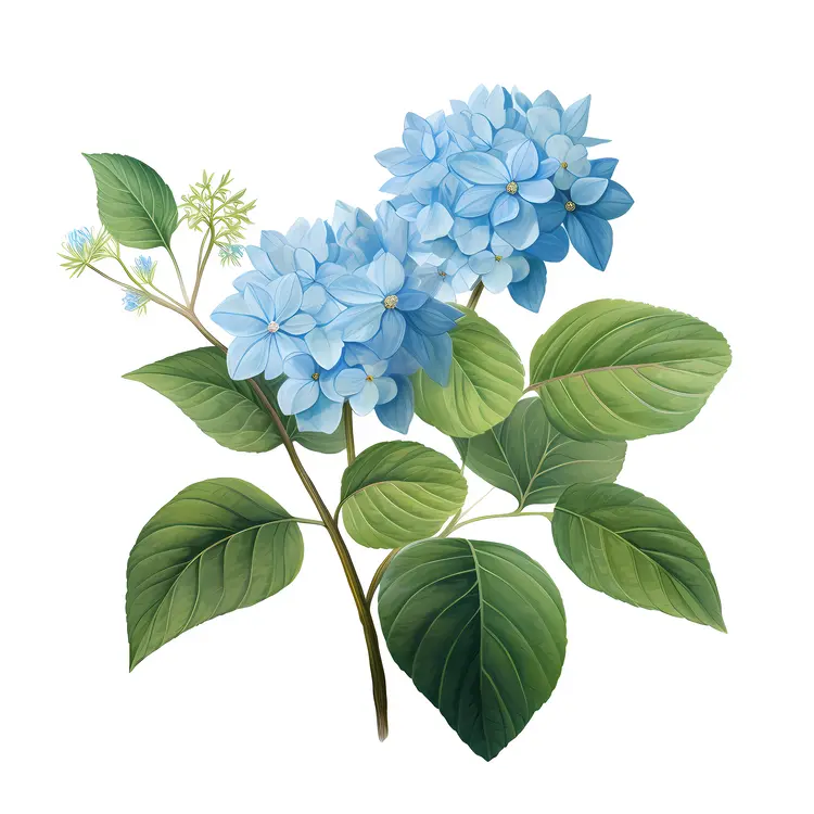 Blue Hydrangea Bloom with Green Leaves