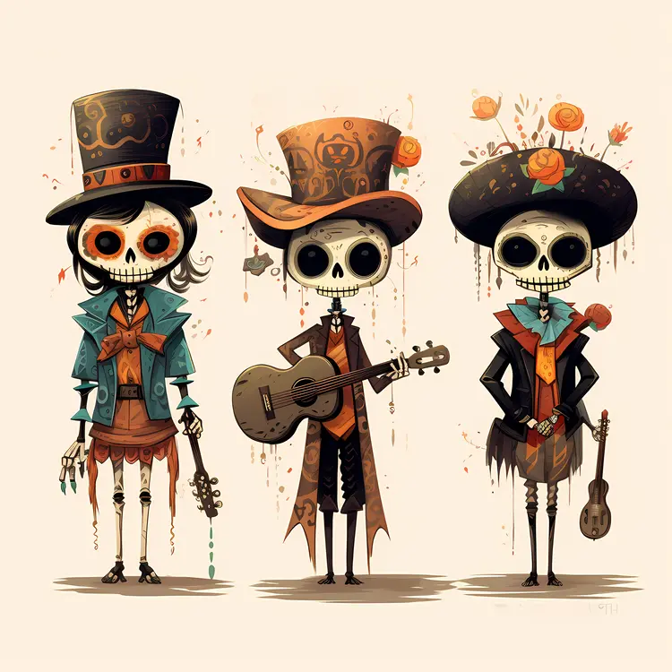 Sugar Skull Trio with Instruments for Day of the Dead