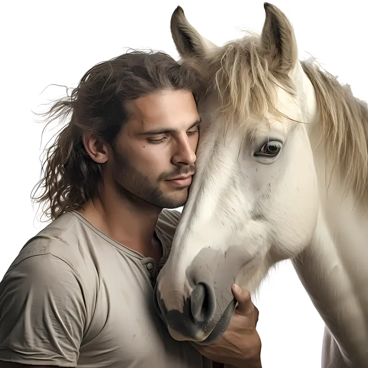 Man Showing Affection to a White Horse