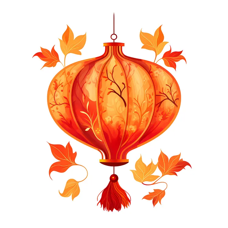 Red Lantern with Autumn Leaves