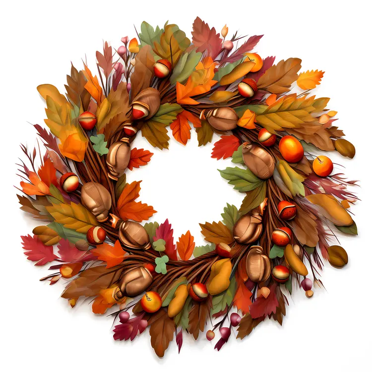 Colorful Autumn Wreath with Leaves and Acorns