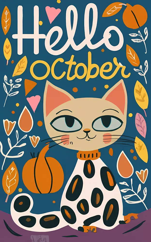 Hello October with Cat and Leaves