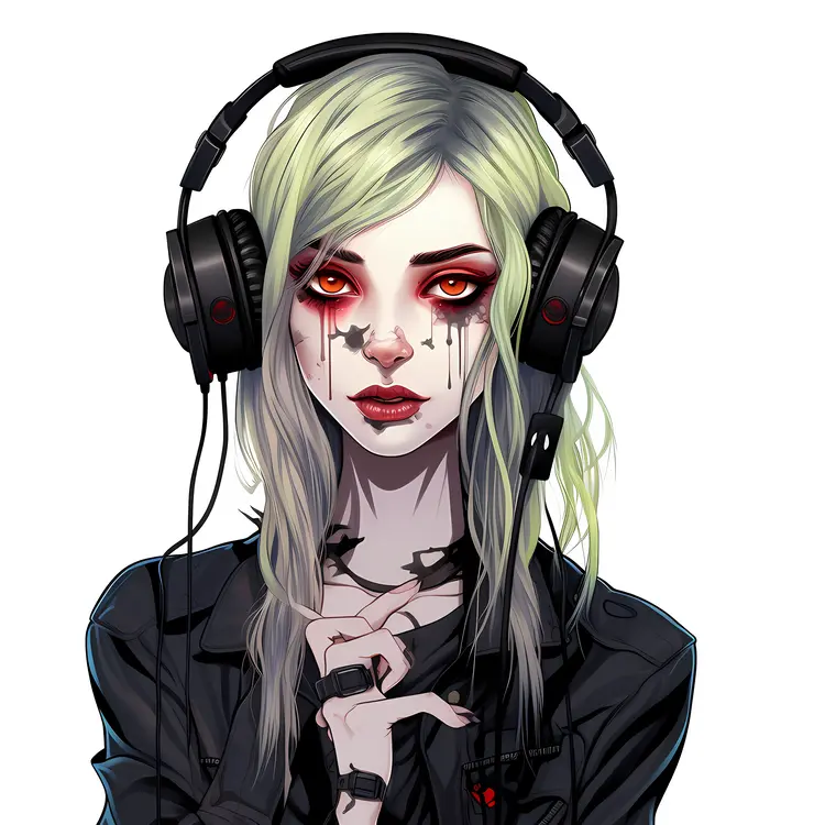 Gothic Girl with Headphones and Red Eyes