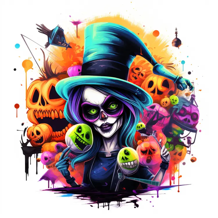 Colorful Halloween Witch with Pumpkins and Skulls