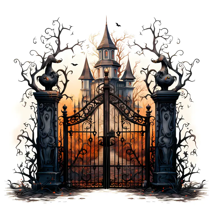 Spooky Haunted Gate with Bats and Castle