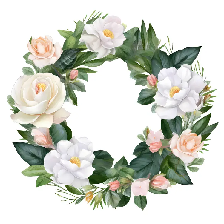 White and Pink Flowers in a Green Leaf Wreath