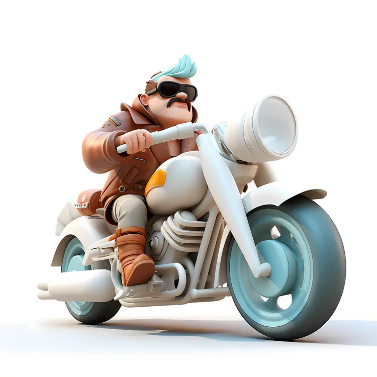 Cartoon Biker on White Motorcycle
