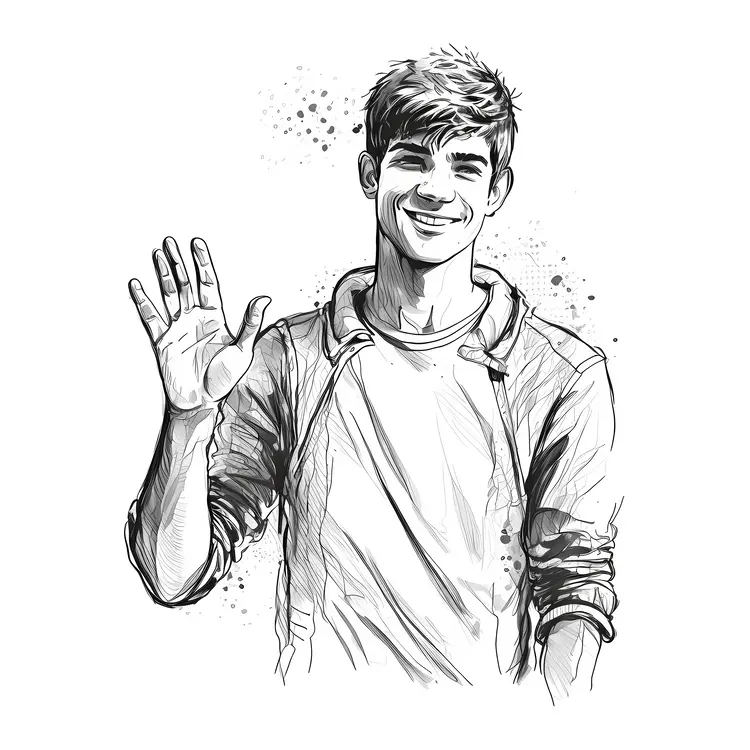 Smiling Man Waving in Black and White Sketch