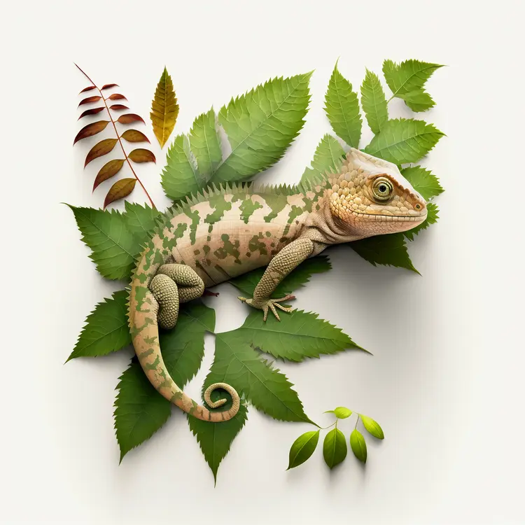 Green Lizard on Leaves