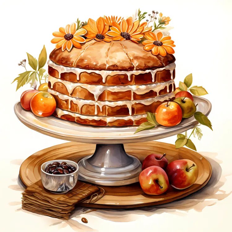 Apple Cake with Flowers and Autumn Decor