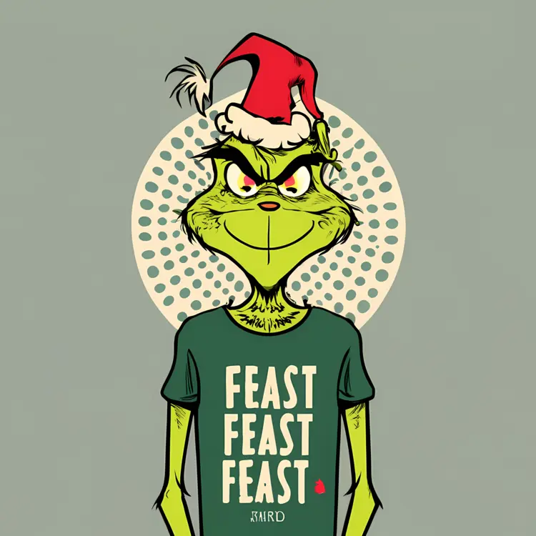 Grinch with Santa Hat and Feast Shirt