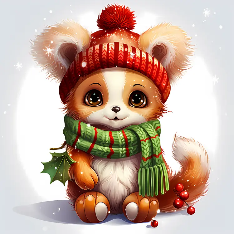 Cute Fox with Green Scarf and Red Hat