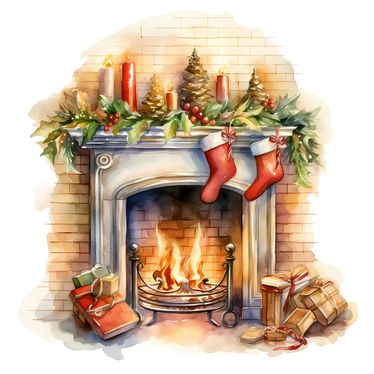 Charming Christmas Fireplace with Stockings and Gifts