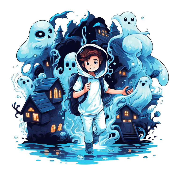Boy Running from Ghosts with Haunted Houses