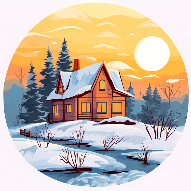 Snowy Cabin at Sunset