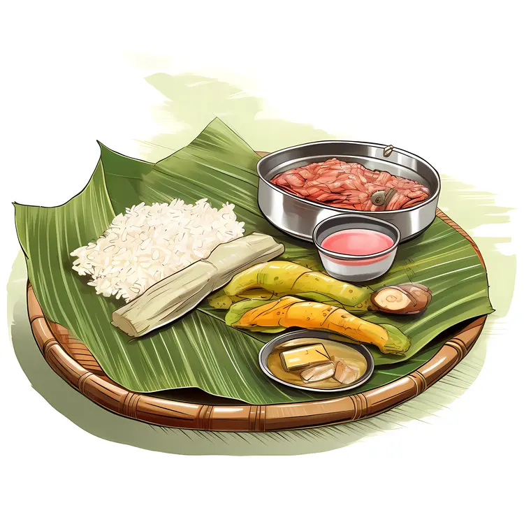 Traditional Meal on Banana Leaf with Rice and Side Dishes