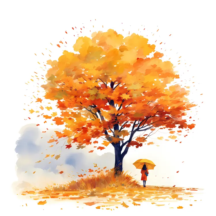 Yellow Tree with Person Holding Umbrella