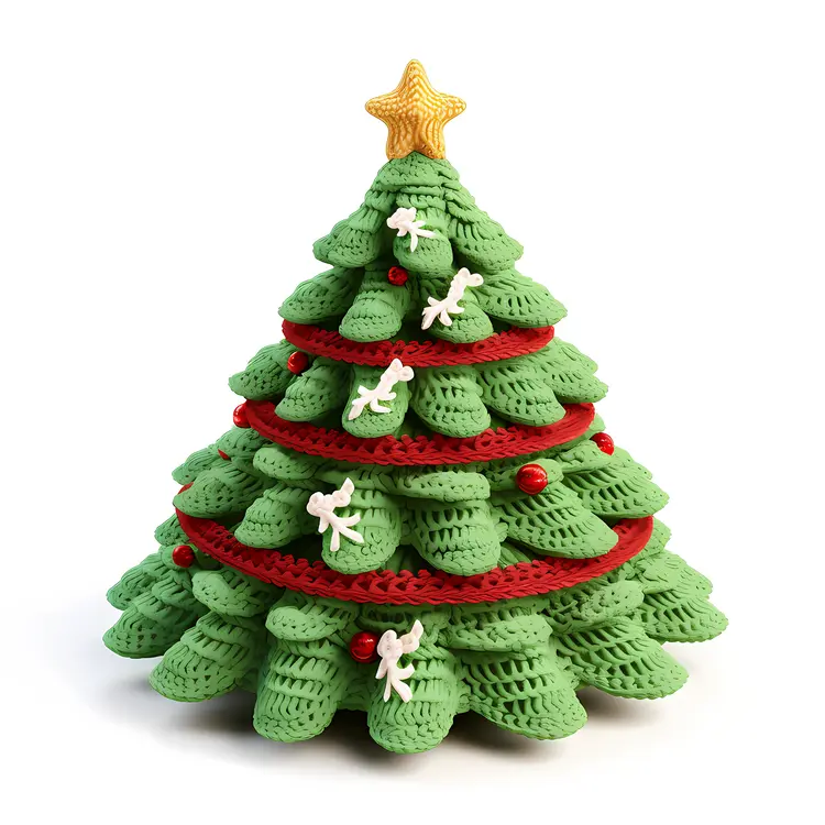 Green Christmas Tree with Red Ribbon and White Ornaments
