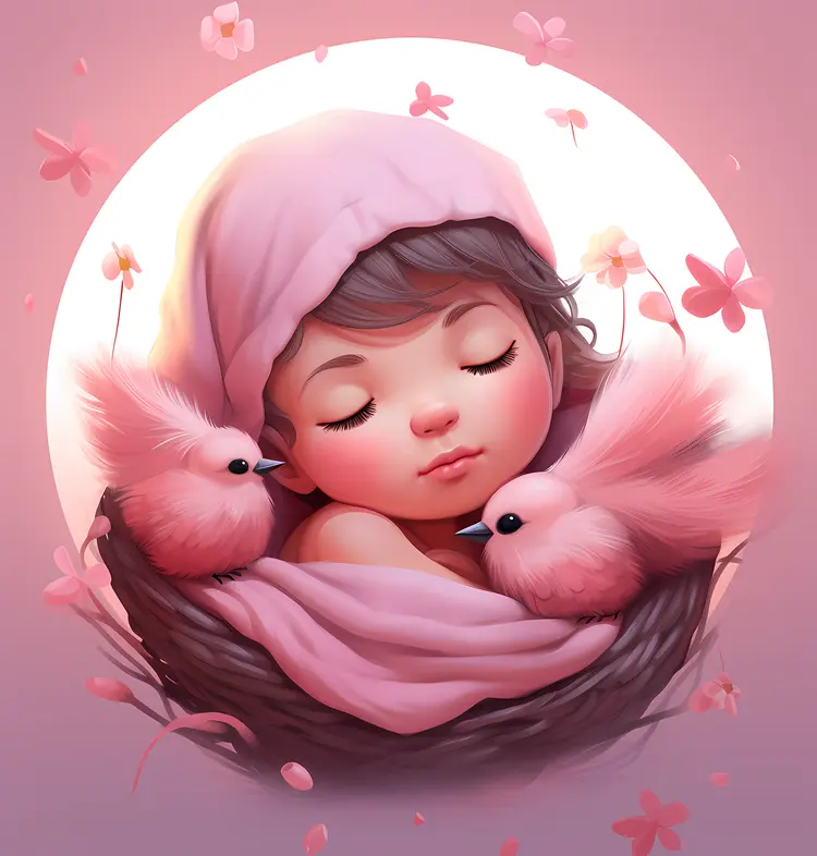 Sleeping Baby with Two Pink Birds and Flowers
