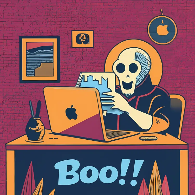 Skeleton Working on Laptop