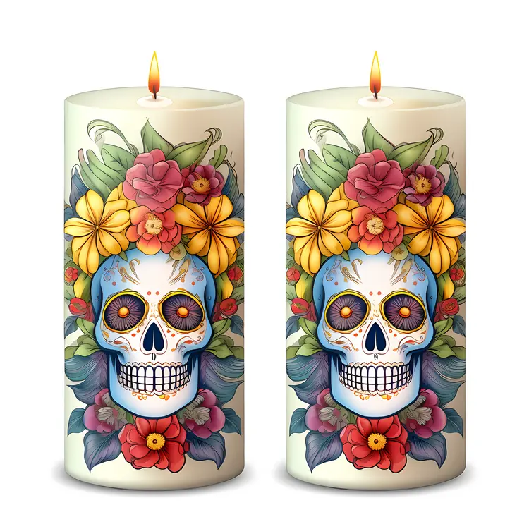 Decorative Day of the Dead Candles with Skull and Flowers Design