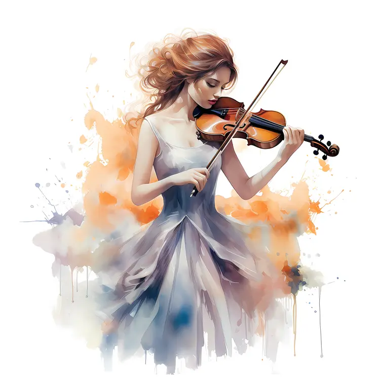 Red-haired Violinist in White Dress