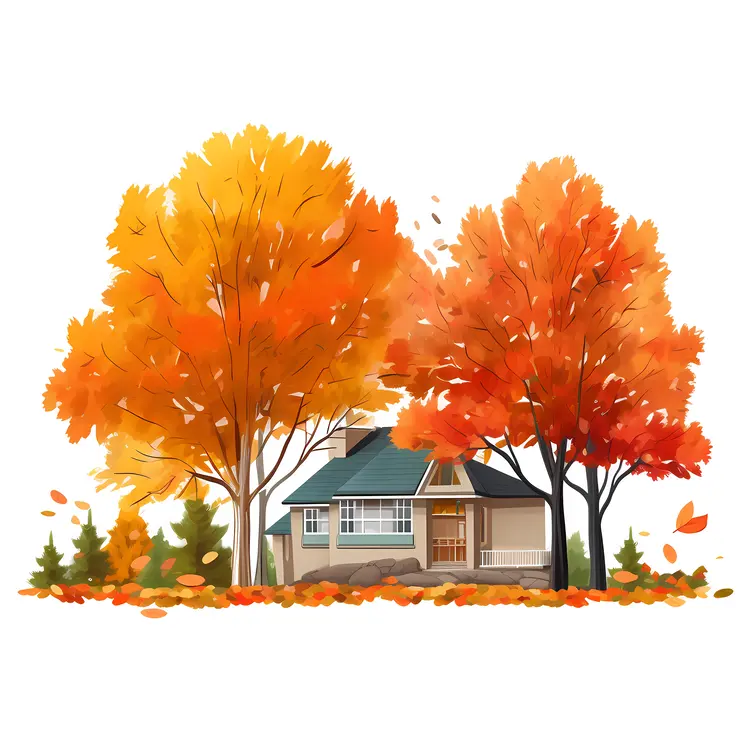 Small house with vibrant autumn foliage