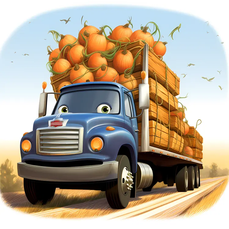 Cartoon Blue Truck Carrying Pumpkins