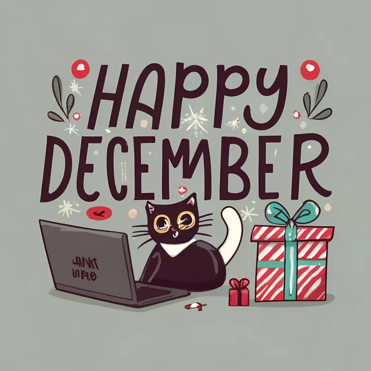 Happy December with Cat, Laptop, and Gifts