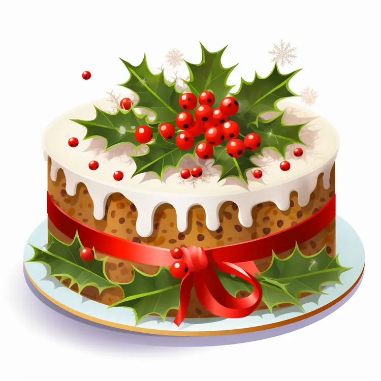 Christmas Cake with Holly and Red Ribbon