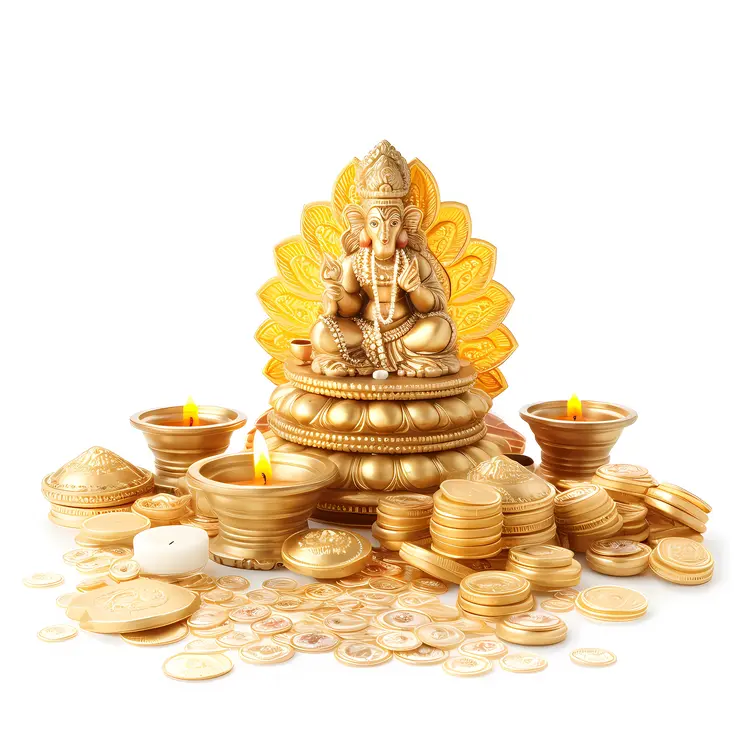 Golden Deity Statue with Coins