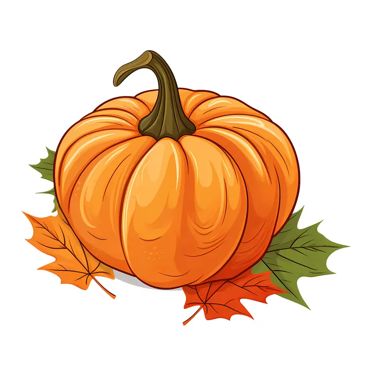 Orange Pumpkin with Autumn Leaves
