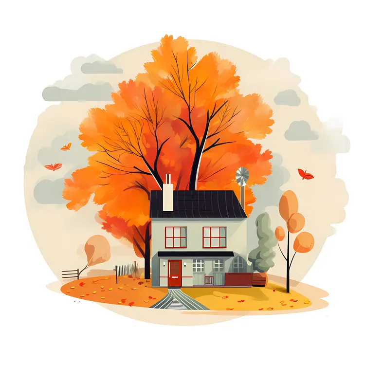 Small cute doodle house with autumn trees