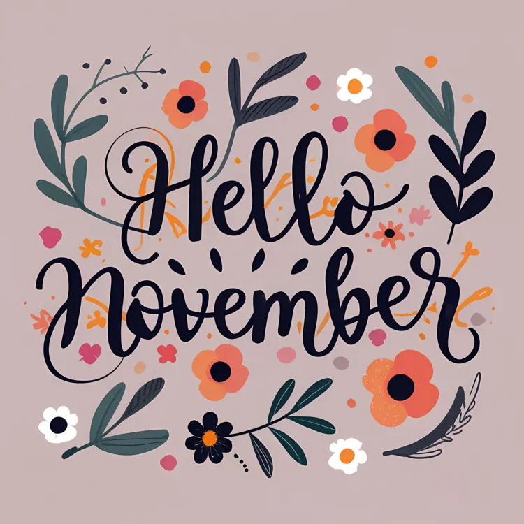 Hello November with Flowers and Leaves