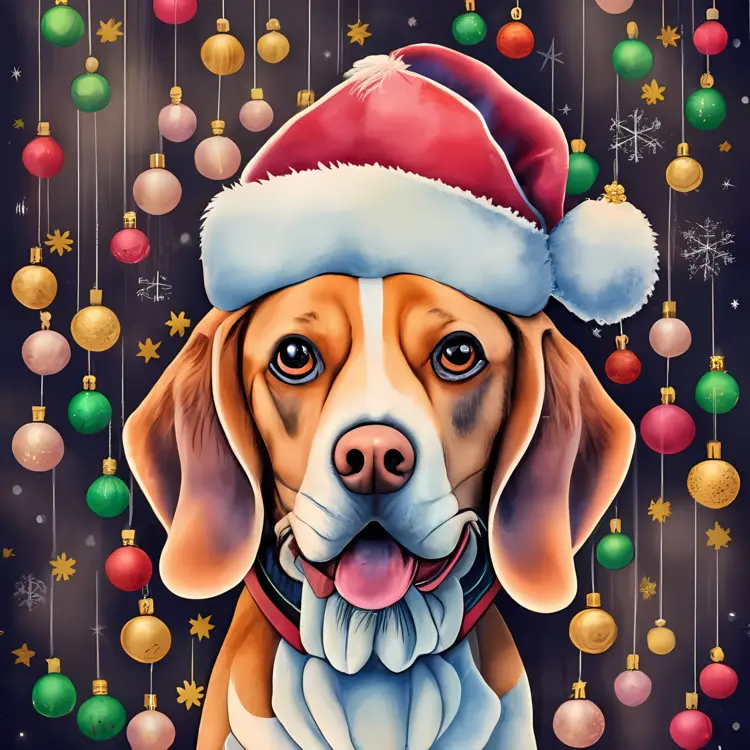 Smiling Dog with Santa Hat and Christmas Lights
