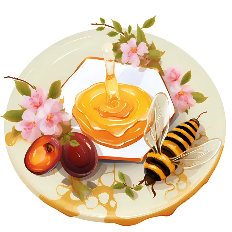 Honey and Bee with Flowers and Fruit