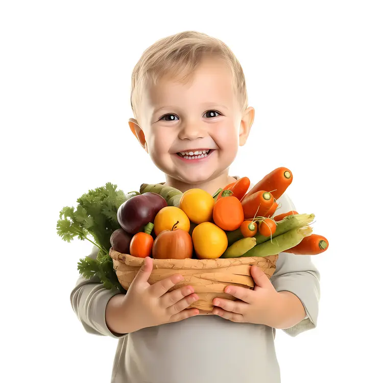 Happy Toddler Holding a Basket of Fresh Vegetables