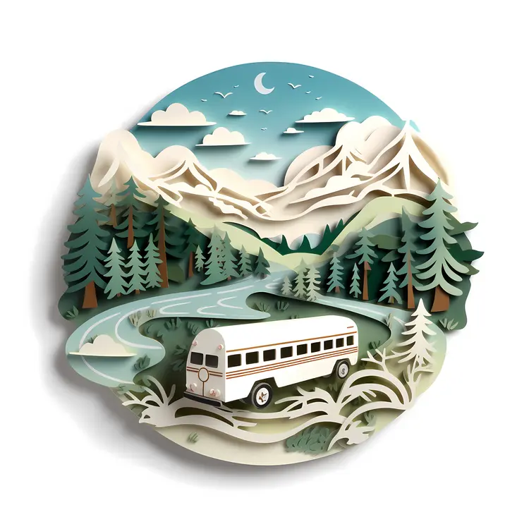 White Bus by the River in Mountainous Landscape